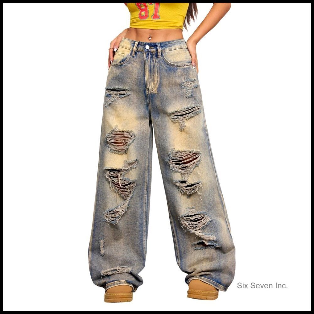 Wide Leg Baggy Jeans Y2K Vintage Streetwear Oversized Loose Fit Denim Pants - Picture 1 of 6
